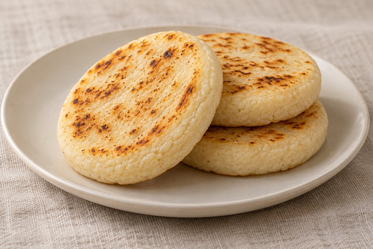 Three plain lightly toasted Venezuelan arepas on an ivory plate