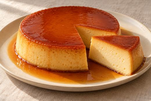 Round caramel-topped Venezuelan quesillo custard with a wedge removed