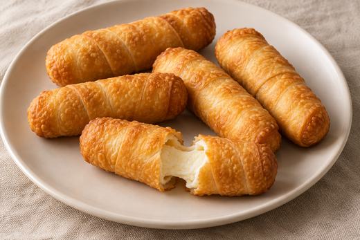 Golden fried cheese sticks with dough wrapping and a cut piece